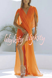 Enjoy Your Vacation Linen Blend Ruched Shoulder Drape Loose Cover Up Maxi Dress