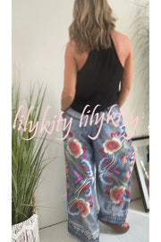 Hippie Style Unique Floral Denim Print Elastic Waist Pocketed Wide Leg Pants