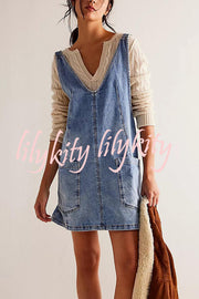 Solid Color Sleeveless V-neck Pocket Adjustable Denim Suspender Mini Dress