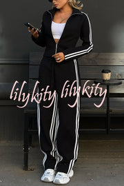 Fashionable Sports Style Striped Long-sleeved Jacket and Elastic Waist Casual Pants Set