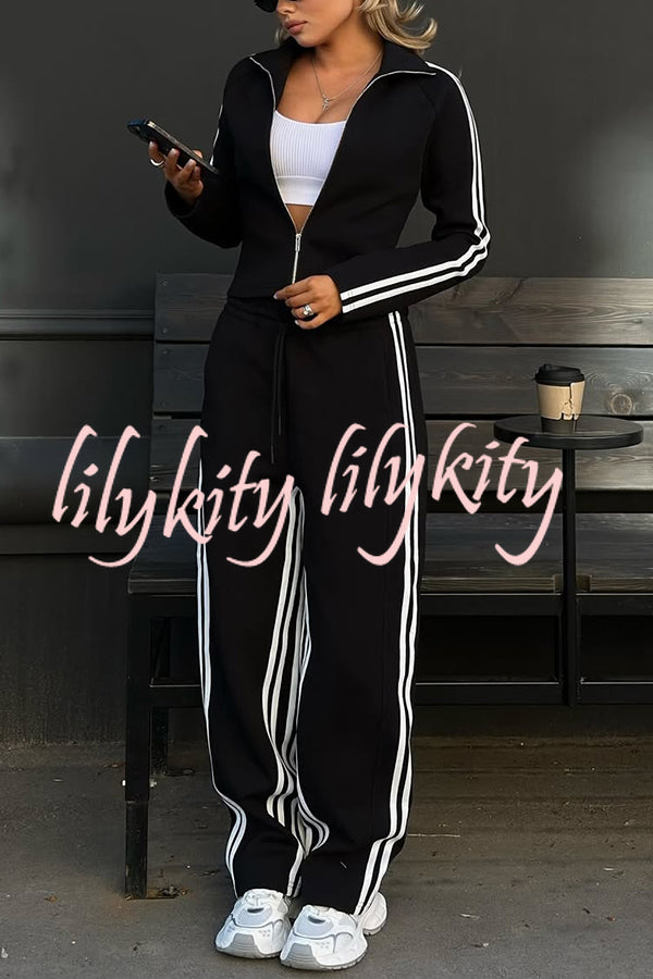 Fashionable Sports Style Striped Long-sleeved Jacket and Elastic Waist Casual Pants Set