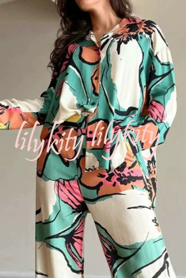 Unique Graffiti Print Casual Long Sleeve Shirt and Elastic Waist Pocket Straight Pants Set