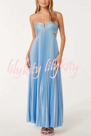 Caught Your Eye Satin Pleated Cross Straps Cutout Flowing Maxi Dress