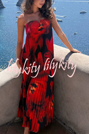 For Every Occasion Satin Pleated Floral Print V-wire Bandeau Neck Maxi Dress