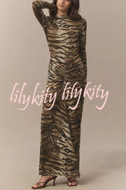 Winston Animal Print High-neck Long Sleeve Ruched Hip Stretch Maxi Dress