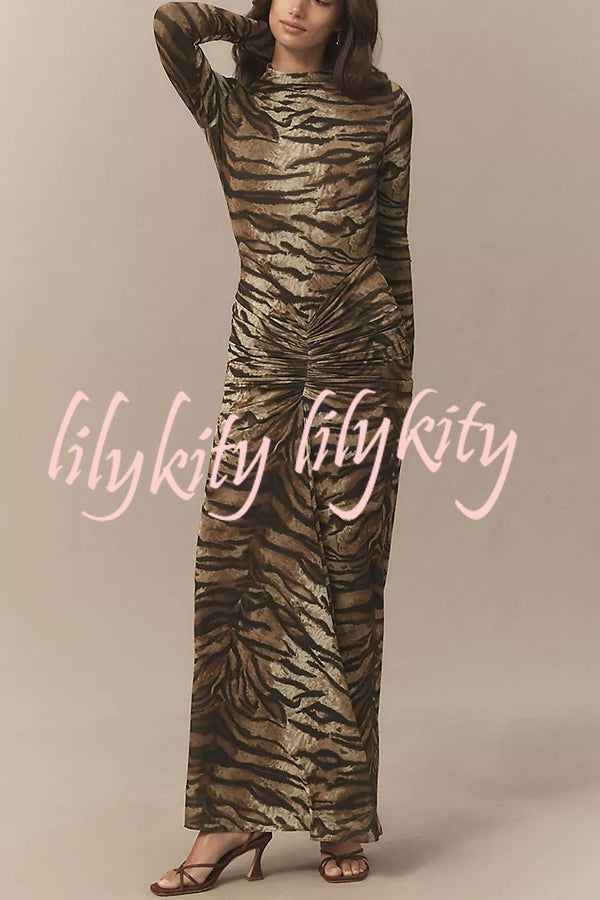 Winston Animal Print High-neck Long Sleeve Ruched Hip Stretch Maxi Dress