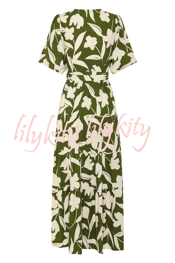 Unique Printed V-neck Puff Sleeves Tie Waist Midi Dress