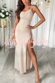 Party Love One Shoulder Ruched Waist Ruffle Slit Maxi Dress