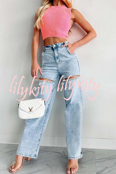 Blowing Your Mind Slit-Front Wide Leg Pocket Rhinestone Jeans