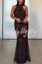 Twilight Gleam Sequin Textured Tulle Hem Halter Backless Maxi Dress