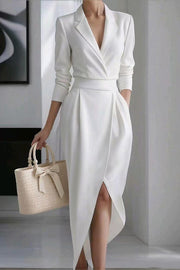 Solid Color Lapel Long Sleeve Slim Irregular Midi Dress