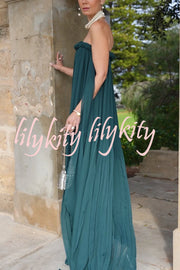 Fairy Spirit Tulle Braided Neckline Tie Arm Straps Pleated Maxi Dress