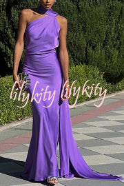 Crush on You Satin One Shoulder Backless Cape Maxi Dress