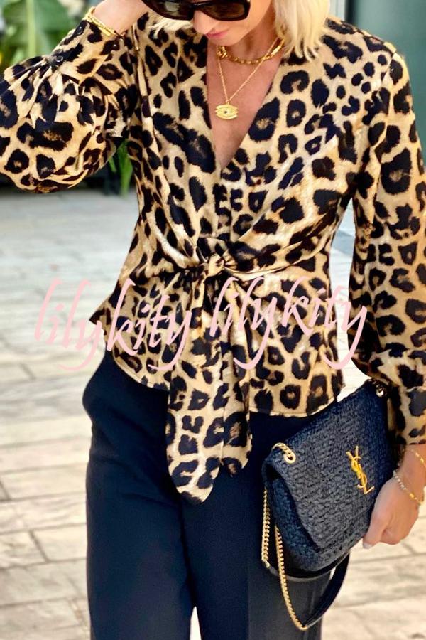 Janae Leopard Print Front Tie-up Lantern Sleeve Casual Blouse