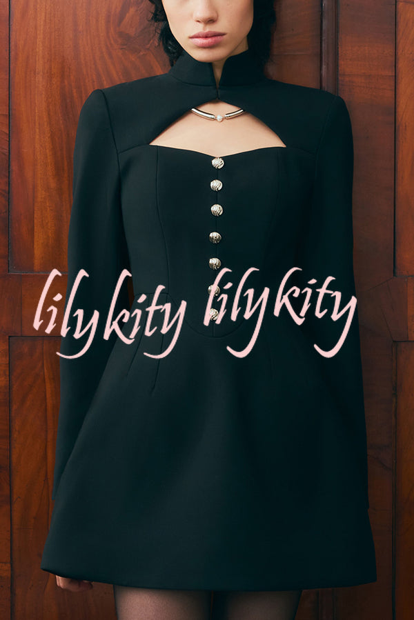 Elegant Long-sleeved Hollowed-out Button-down Slim-fit Mini Dress