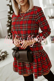 Fashionable Plaid Print Long Sleeve Round Neck Slim Fit Mini Dress