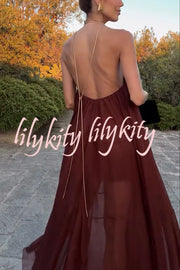 Flowing Lightweight Chiffon Chain Halter Neck Detail Backless A-line Maxi Dress