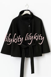 Fashionable Stand Collar Button Waist Tie Loose Cape
