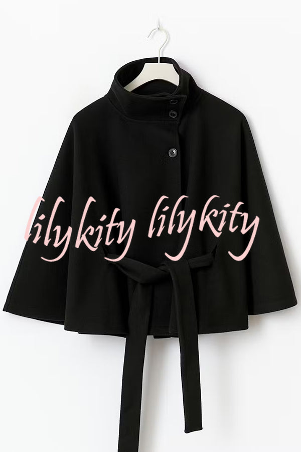 Fashionable Stand Collar Button Waist Tie Loose Cape