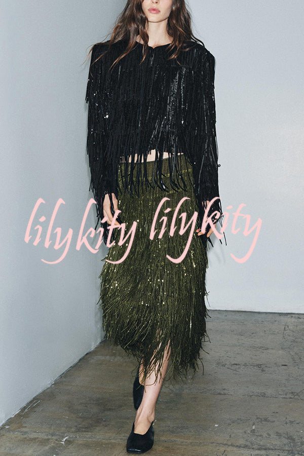 Party Crasher Layered Sequined Tassels High Rise Back Zipper Midi Skirt