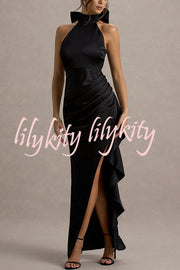Maureen Satin High Neck Ruched Ruffle Slit Draped Maxi Dress
