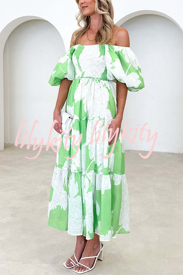 Unique Floral Print Patchwork Lace Up Pleated Maxi Dress