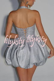 Araminta Glitter Fabric Square Halter Tie Neck Back Lace-up Fluffy Bubble Mini Dress