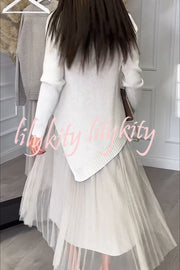 Jensine Ribbed Knit Irregular Loose Sweater and Pleated Tulle Tank Midi Dress Two-piece Set