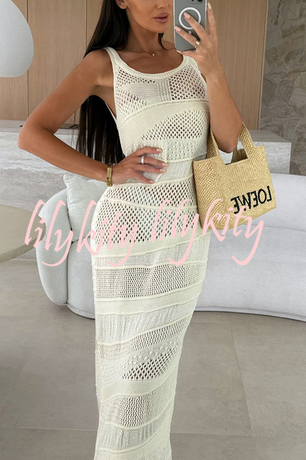 Solid Color Knit Hollow Crew Neck Sleeveless Beach Cover Up Maxi Dress