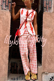 Good Luck Linen Blend Koi Pattern High Rise Elastic Waist Loose Pants