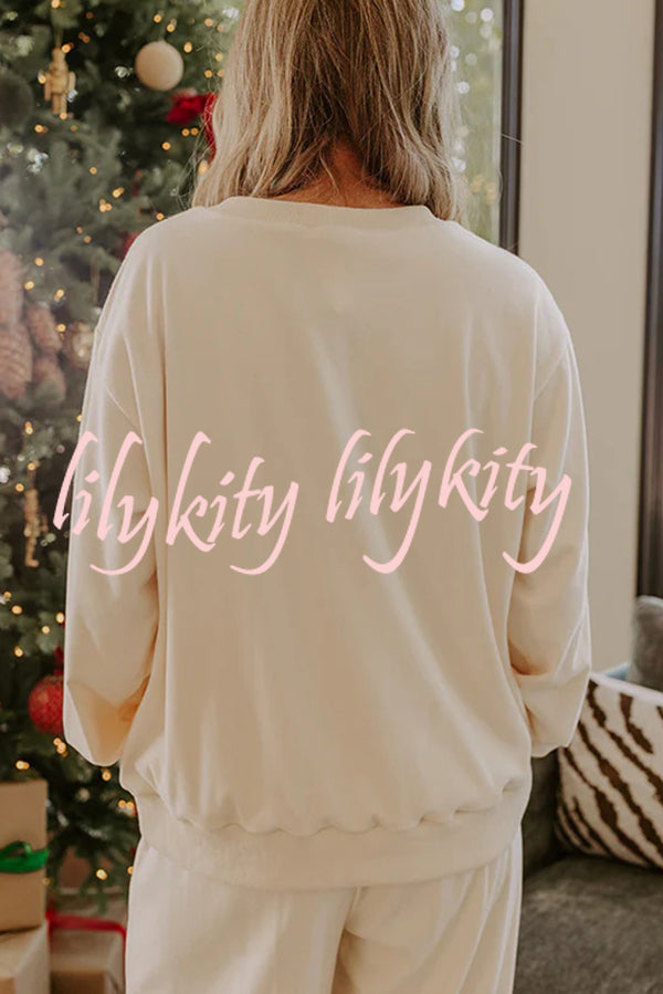 Candy Cane Cutie Loose Bow Tie Long-Sleeved Sweatshirt and Elastic Waist Pocket Pants Set