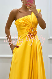 Nasha Satin Pleated One Shoulder Petal Gemstone Detail Pocket Slit Maxi Dress