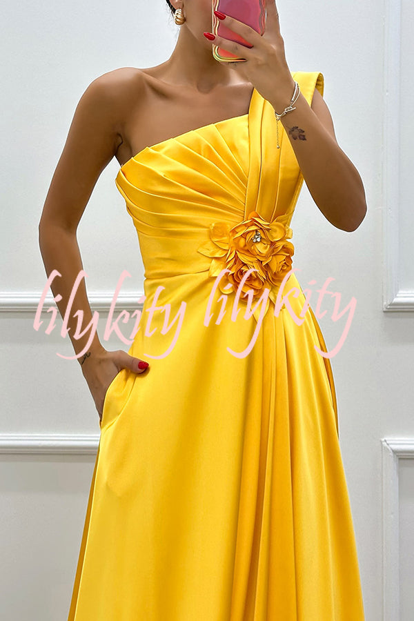 Nasha Satin Pleated One Shoulder Petal Gemstone Detail Pocket Slit Maxi Dress