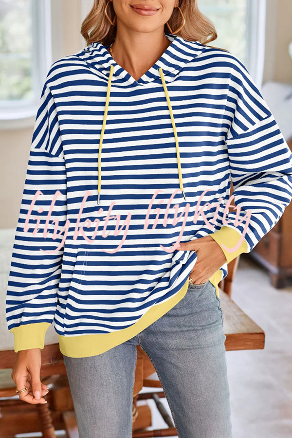 Striped Print Long Sleeve Pocket Loose Hoodie