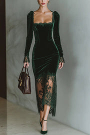 Fashionable Velvet and Lace Patchwork Square Neck Long-sleeved Maxi Dress
