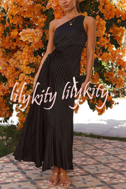 Charming One Shoulder Lace Up Cutout Pleated Maxi Dress