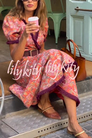 Bohemian Floral Print Elegant Puff Sleeve Holiday Maxi Dress
