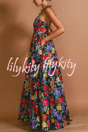 Garden Wedding Floral Print Back Tie-up Pocketed Slit Maxi Dress