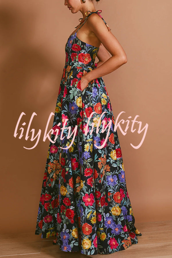 Garden Wedding Floral Print Back Tie-up Pocketed Slit Maxi Dress