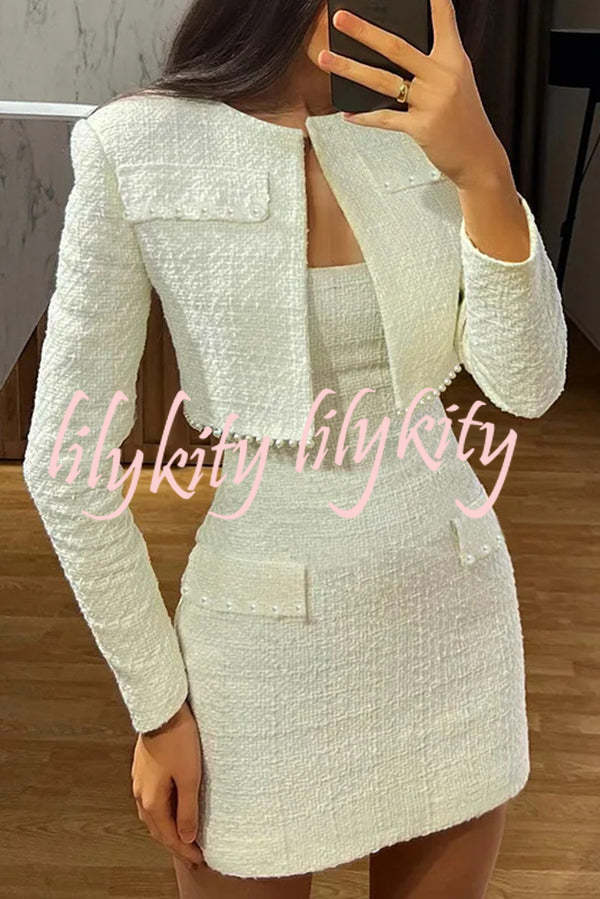 Stylish and Elegant Tweed Pearl-embellished Long-sleeved Jacket