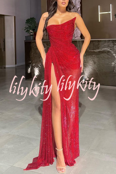 Lysette Sequin Pleated Design Irregular Off-shoulder Slit Drape Gown Maxi Dress