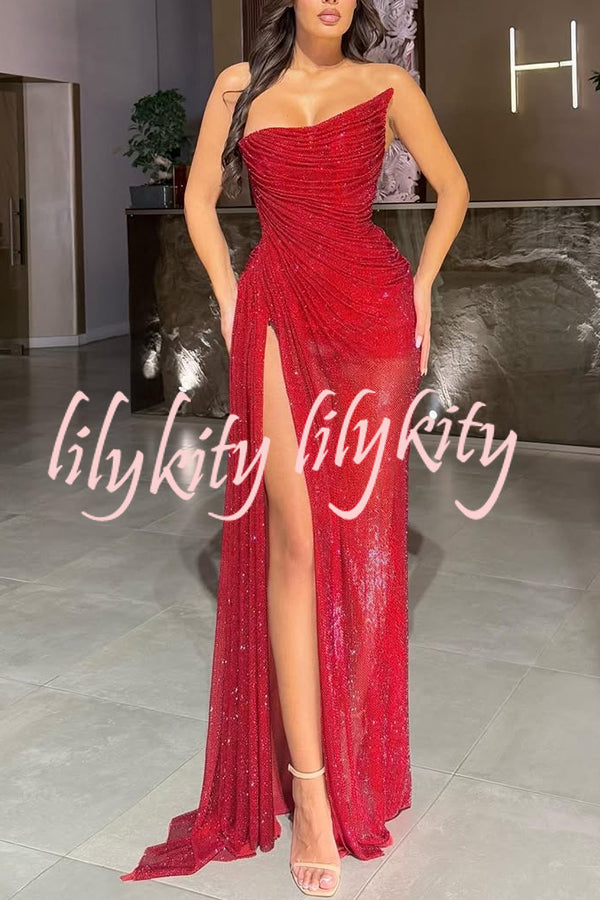 Lysette Sequin Pleated Design Irregular Off-shoulder Slit Drape Gown Maxi Dress