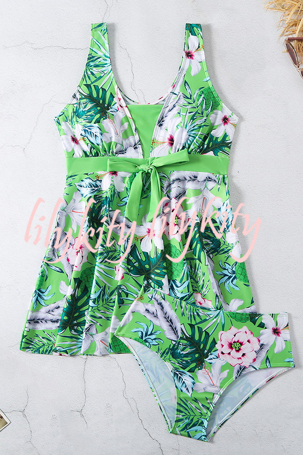 Cheerful Floral Print Bow Detail Tankini Swimsuit Set