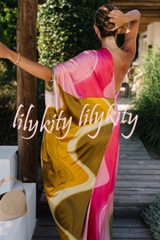 Summertime Favorites Satin Tie Dye Print One Shoulder Drape Vacation Maxi Dress