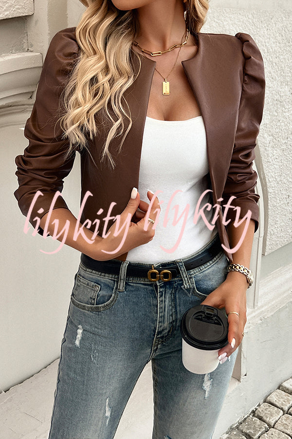 Yelissa Faux Leather Statement Long Sleeve Open Front Crop Jacket