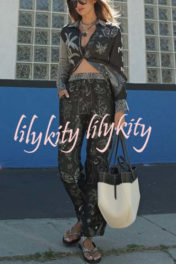 Black Magic Satin Unique Print Long Sleeve Blouse and Elastic Waist Pocket Wide Leg Pants Set