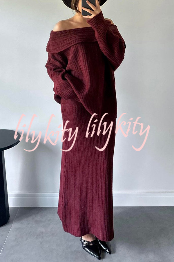 Luka Ribbed Knit Off Shoulder Long Sleeve Sweater and Stretch Maxi Skirt Set