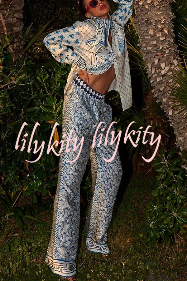 Stylized Dragon Satin Unique Print Long Sleeve Loose Shirt and Elastic Waist Pants Set