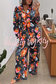 Evening Routine Unique Print Color-block Trim Loose Shirt and Elastic Waist Pocketed Pajama Set