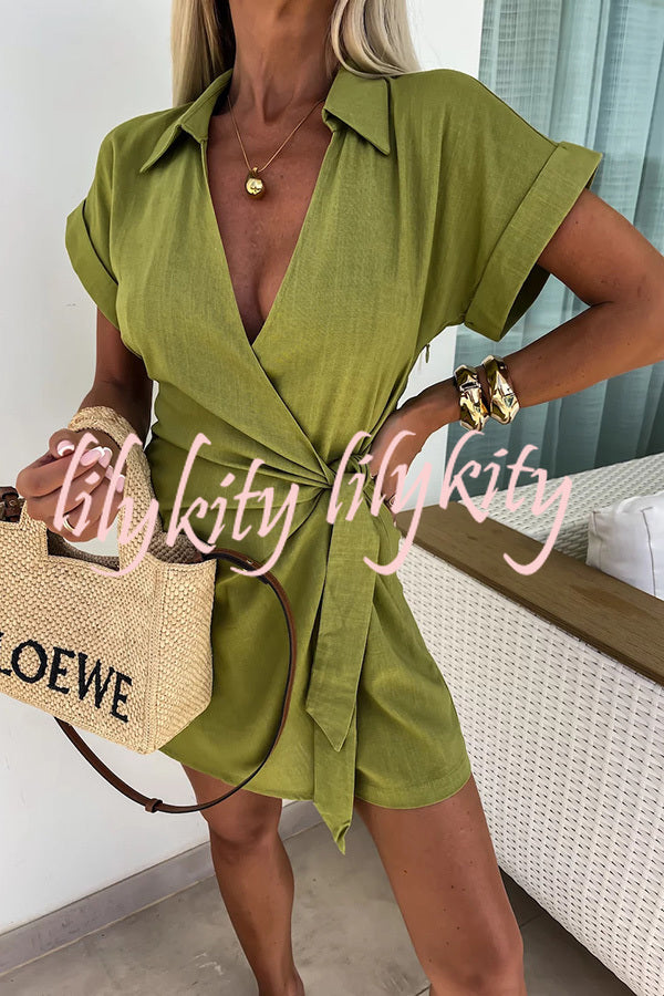 Relaxing Beach Linen Blend Solid Color Wrap Loose Shirt Romper